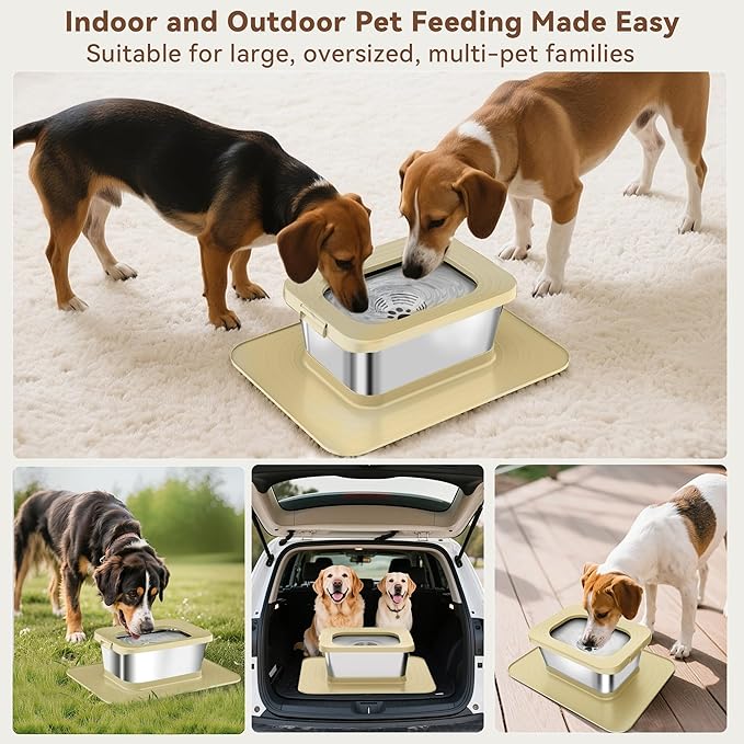10L No Spill Dog Water Bowl, 2.6 Gal Stainless Steel No Splash Large Dog Water Bowl with Non-Slip Silicone Mat, Spill Proof Slow Drinking Pet Bowls for Messy Drinkers Indoor/Outdoor Use Beige