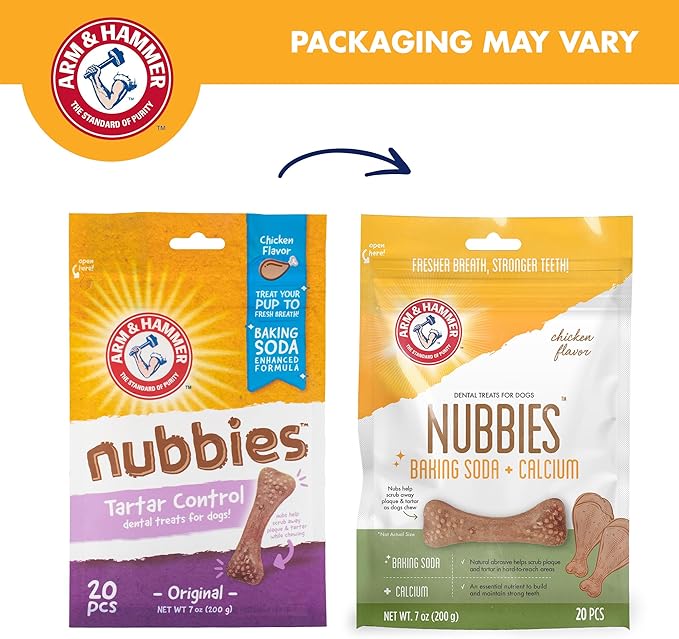 Arm & Hammer for Pets Nubbies Dental Treats - Baking Soda & Calcium Dog Dental Chews, Nubbed Texture Helps Scrub Plaque & Tartar While Chewing, Chicken Flavor, 20 Count, 7 Ounce
