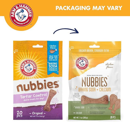 Arm & Hammer for Pets Nubbies Dental Treats - Baking Soda & Calcium Dog Dental Chews, Nubbed Texture Helps Scrub Plaque & Tartar While Chewing, Chicken Flavor, 20 Count, 7 Ounce