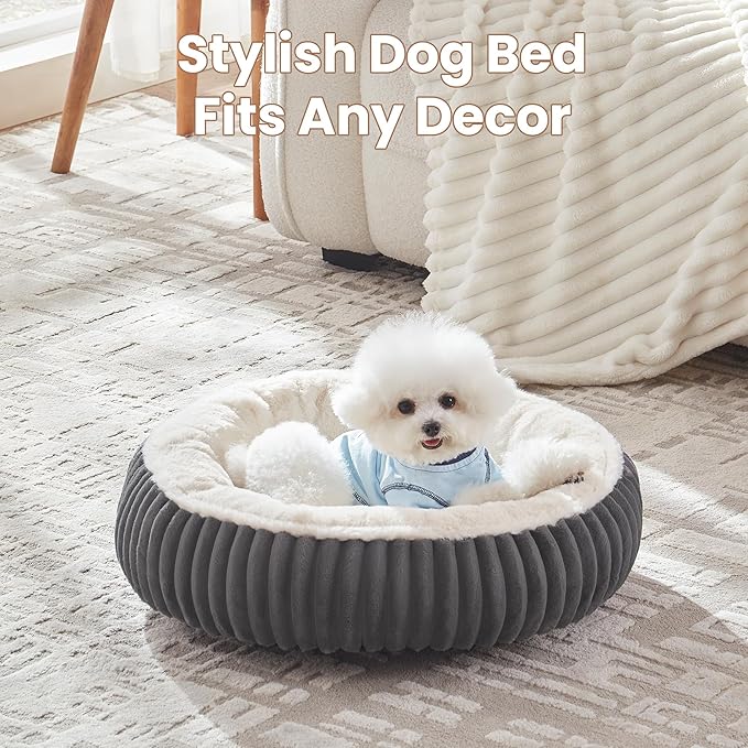 23 inches Donut Dog Bed for Small Dogs - Calming Round Puppy Bed with Removable Cover, Washable Milk Plush Faux Fur Pet Bed for Cats, Fits Pets up to 15 lbs(Charcoal,Small)