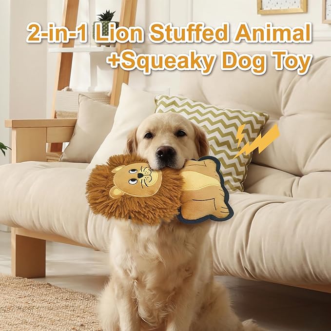 Yellow Lion Plush Squeaky Dog Toy for Chewers Puppy Teething Chew Toy Cute Soft Funny Durable Stuffed Animal Interactive Fetch Dog Toy for Small Medium Large Dogs Toy Gift 24cm/9.45in