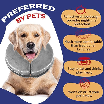 Inflatable Reflective Dog Cone Collar Alternative After Surgery,Doggie Recovery Dount Neck Ecollar,Adjustable Soft Dog Cone Collar for Small Medium Large Dogs (Grey, M)