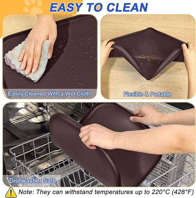 SMILOOL Silicone Pet Feeding Mat with Raised Edge for Food and Water, Dog Bowl Mats, Cat Bowls Placemat with High Lip for Floor Waterproof, Rubber Tray for Cats and Dogs 19 x 12 x0.7 Dark Brown