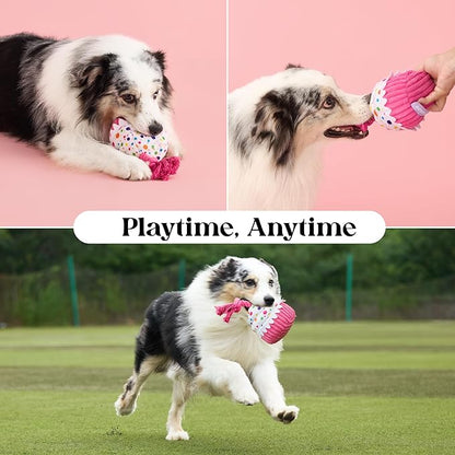 LE SURE Dog Birthday Cake Toy - Cute Squeaky Dog Toy for Gentle Chewers with Interactive Tug Rope, Plush Interactive Toy for Adult Dogs Birthday Party, Standard, Pink