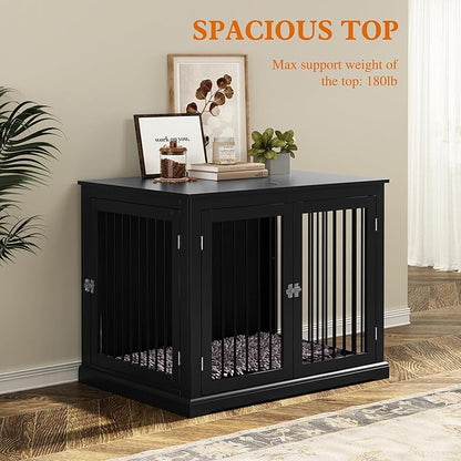 PUPETPO Large Dog Crate Furniture, Wooden Dog Kennel with Cushion, Dog Crate End Table Large, Indoor Dog Kennel, Modern Decorative Dog Crates with Flip Top, Chew-Proof Metal Bars, Black
