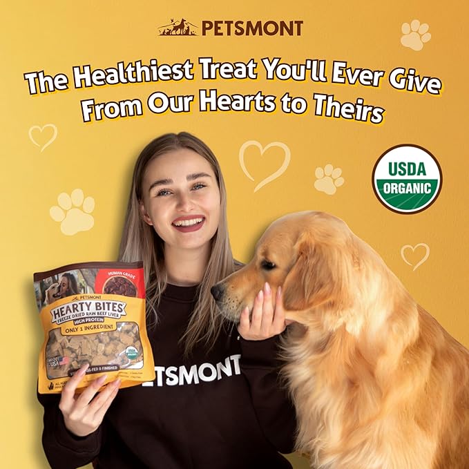 Petsmont Hearty Bites - Organic Freeze-Dried Beef Liver Dog Treats Single Ingredient All Natural, Preservative Free, No Filler Beef Treat for Dogs High Protein Dog Snacks Made in the USA - 8oz