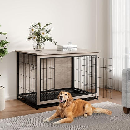 Vongrasig Dog Crate Furniture, Side End Table, Modern Wooden Kennel for Dogs Indoor, Heavy-Duty Dog Cage with Multi-Purpose Removable Tray, Double-Door Dog House, Grey