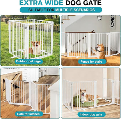 Snagle Paw Extra Wide Dog Gate,Free Standing Dog Fence with Door, Up to 104 Inch Wide Pet Gate with Support Feet for Stairs, Hallways, Doorways, Yard (White, 4 Panels)