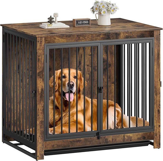 Derfullo Dog Crate Furniture, 42 Inch Indoor Large Dog Kennel for Medium to Large Dogs Up to 70 LBS, Heavy Duty Wooden Pet Cage End Table with 3 Doors, Alloy Steel Frame & Removable Tray