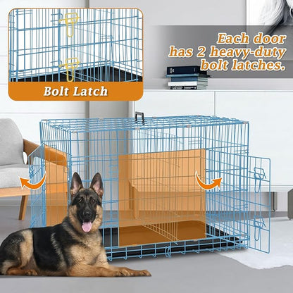 Dog Crate for Large Medium Dogs Folding Dog Kennel Cage with Plastic Tray & Divider 48" Indoor Outdoor Metal Double Door Pet Playpen Heavy Duty Dog Pen Enclosure Blue