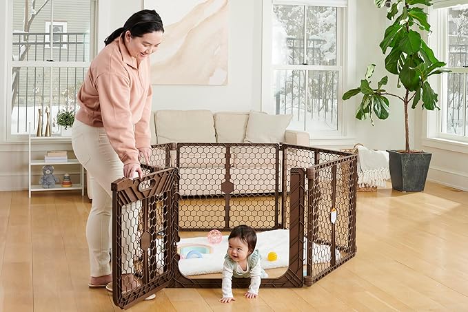 Regalo Safety 192" Super Wide 6-Panel Baby Gate & Play Yard, Plastic 2-in-1 Adjustable Safety Gate with Door, Wall Mounted Room Divider, Includes Wall Mount Kit, Brown