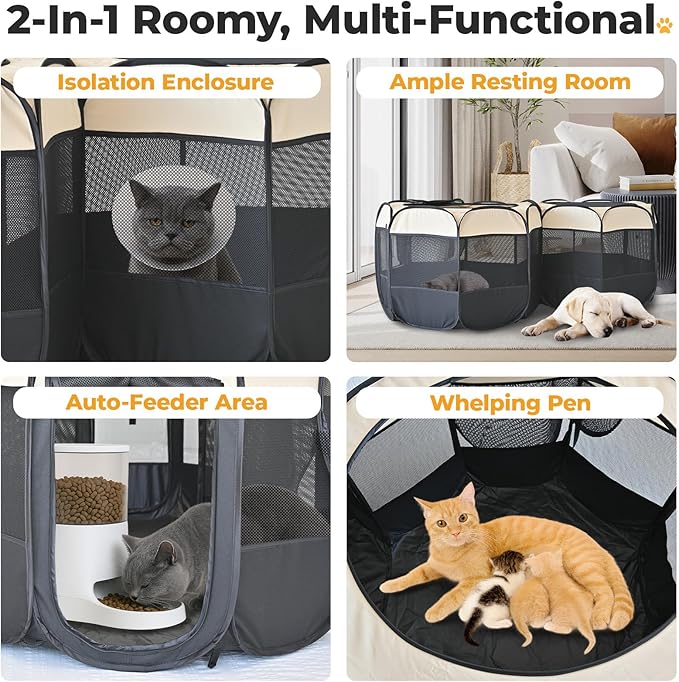 EighteenTek® 2-in-1 Pop Up Cat Playpen, Assembly-Free Dog Puppy Pet Playpen, Indoor Outdoor Cats Enclosed, Cat Tent House Crate Cage, Portable & Foldable Playpen for Kittens(No Divider, Unified Space)