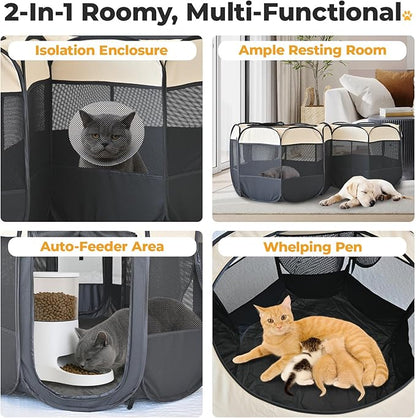 EighteenTek® 2-in-1 Pop Up Cat Playpen XLarge, Dog Puppy Pet Playpen, Indoor Outdoor Cats Enclosed, Cat Tent House Crate Cage, Portable & Foldable Playpen for Kittens(No Divider, Unified Space)