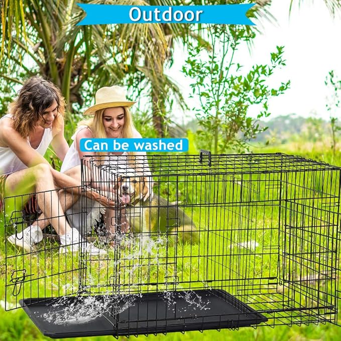 Dog Crate Dog Kennel Cage for Small Dogs, 24" Portable Foldable Indoor Outdoor Large Double Door Wire Metal Puppy Cat Pet Dog Cage with ABS Tray LC & Divider, Black