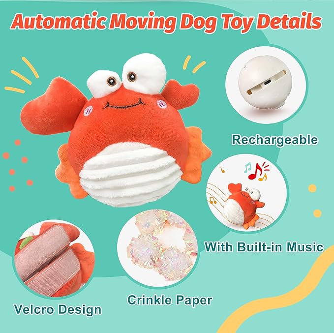 GUKCO Crab Interactive Dog Toys – Rechargeable Self-Play Toy with Motion-Activated Ball & Music Recording Modes for Small, Medium & Large Dogs, Moving Dog Toy to Keep Them Busy
