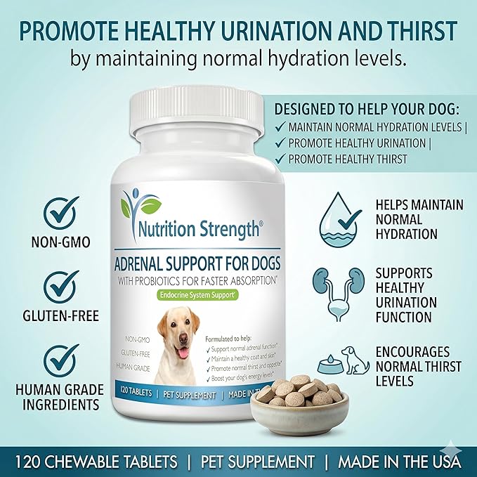 Adrenal Support for Dogs, Support for Dogs with Cushing's Disease, Maintain a Healthy Coat and Skin, Promote Normal Urination, Thirst and Appetite, 120 Chewable Tablets