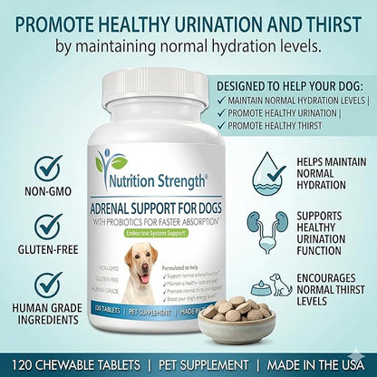 Adrenal Support for Dogs, Support for Dogs with Cushing's Disease, Maintain a Healthy Coat and Skin, Promote Normal Urination, Thirst and Appetite, 120 Chewable Tablets