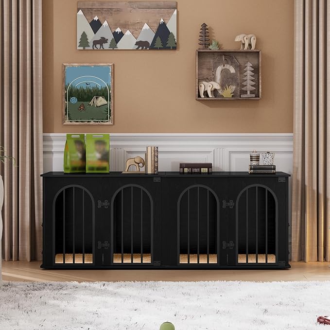 Hzuaneri 63" Dog Crate Furniture for 2 Dogs, Heavy Duty Indoor Dog Kennel TV Stand, L Wooden Dog Cage with Divider for Medium Large Dogs, End Table Dog Crate with Cushion, Black DFC80904B
