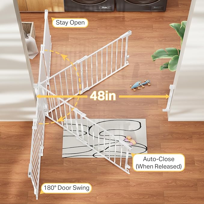 Cumbor Expandable 31.6-48" Baby Gate for Stairs, Wall-Mounted, 2-in-1 No Bottom Bar Dog Gate Indoor, Auto Close Pet Gate for Doorways with Large Walk Thru Door, Child-Proof Gate for Kids (White)