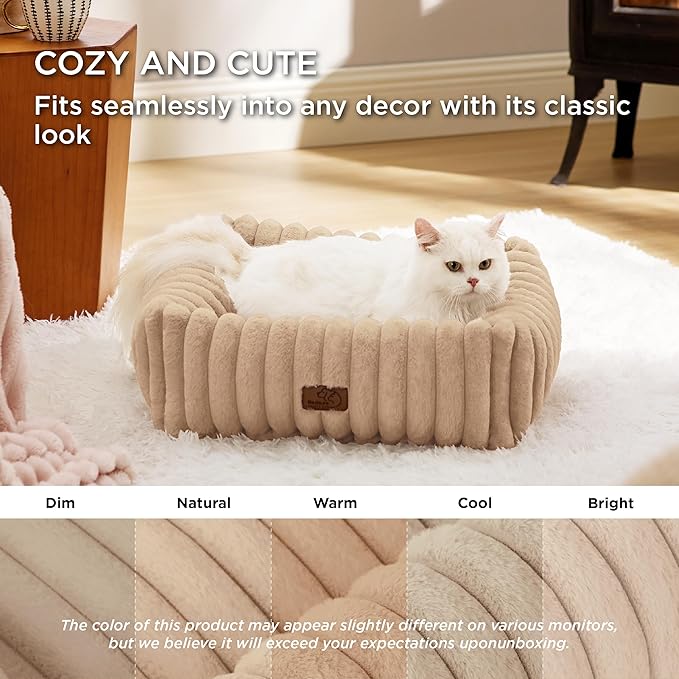 Bedsure ComfyFleece™ Cute Dog Bed for Small Dogs & Cats - Washable Furry Puppy Beds, Rectangle Orthopedic Corduroy Fleece Pet Beds with Removable Zipper Cover, 20x19x6inches, Sandy Beige