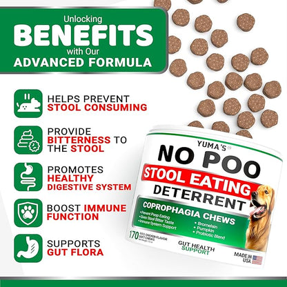 YUMA'S No Poo Chews for Dogs - 170 Count - Coprophagia & Stool Eating Deterrent for Dogs - Stop Eating Poop for Canine - Probiotics & Digestive Enzymes Supplement - Gut Health - Made in USA