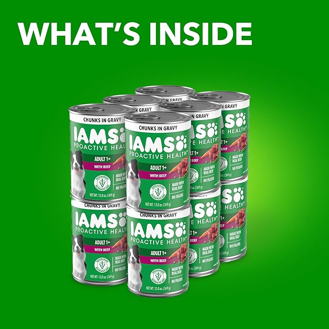 IAMS Proactive Health Wet Dog Food Adult, Canned Dog Food, Beef, Rice, Carrots & Green Beans Chunks in Gravy, 13 oz. Cans (Pack of 12)