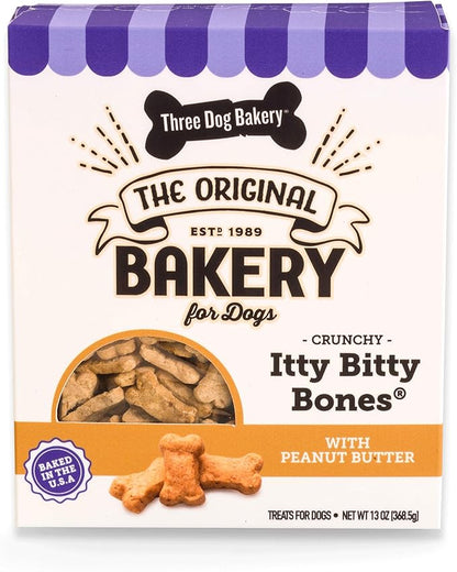 Three Dog Bakery Crunchy Itty Bitty Bones, Peanut Butter Flavor, Premium Treats for Dogs, 13 Ounce Box
