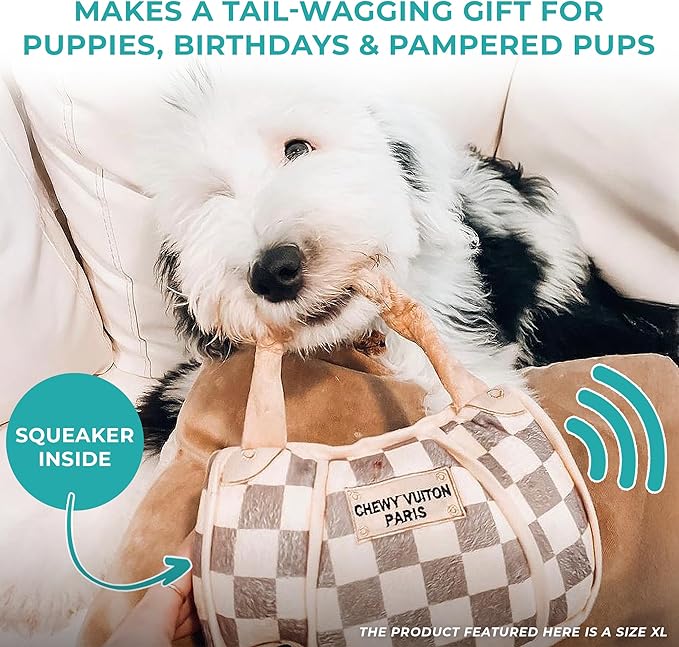 Haute Diggity Dog Chewy Vuiton Handbag Plush Squeaky Dog Toy, Soft Durable Designer-Inspired Stuffed Puppy Chew Toys for Small, Medium & Large Dogs, Machine-Washable (Tan Checker) XL