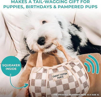 Haute Diggity Dog Chewy Vuiton Handbag Plush Squeaky Dog Toy, Soft Durable Designer-Inspired Stuffed Puppy Chew Toys for Small, Medium & Large Dogs, Machine-Washable (Tan Checker) XL