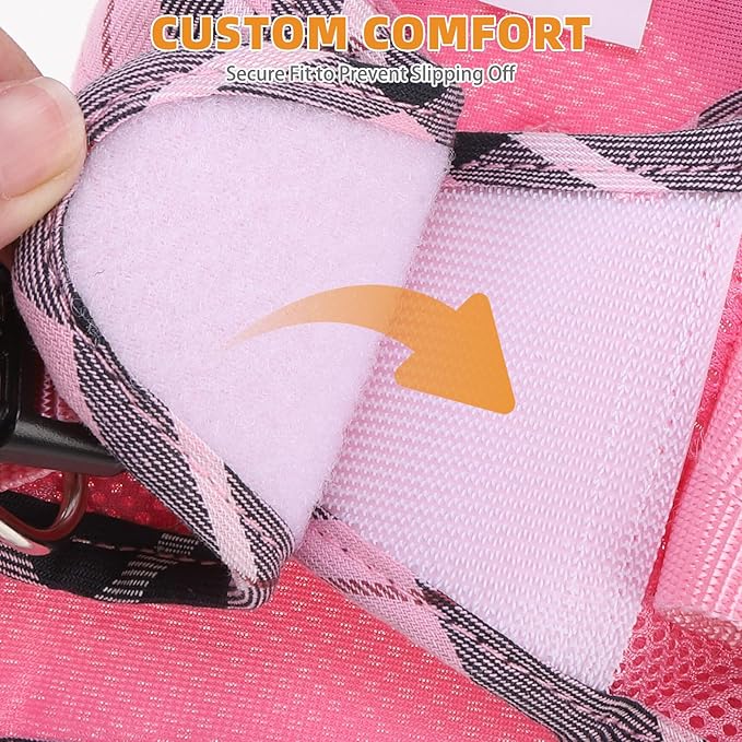KOOLTAIL Dog Harness and Leash Set, Cute Pink Girl Dog Harness Medium Sized Dog, Step in No Pull Soft Mesh Pet Vest Harness Collar for Dogs Cats, Plaid Puppy Halters for Outdoor Walking, Pink M