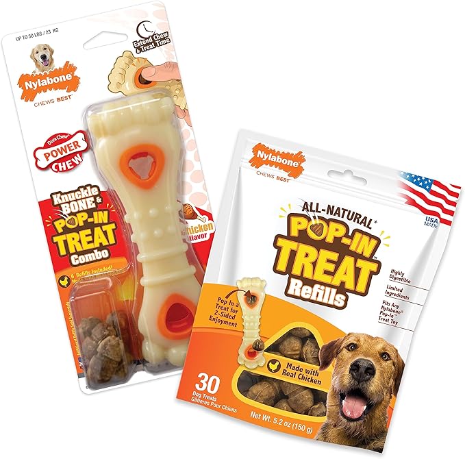 Nylabone Knuckle Bone Pop-in Treat Toy Power Chew Toy with 30 Refills, Interactive Treat Dispensing Enrichment Toys for Dogs, Long Lasting Chicken Flavor, Large Dogs - Up to 50 lbs, 2 Pack