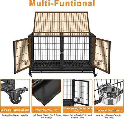 BOLDBONE 43 inch Heavy Duty Dog Crate for Large Dogs, Stackable Dog Kennels and Metal Wire Cages with Feeding Bowls, Leak-Proof Pans, Removable Wire Trays and Divider, Extra Large XL XXL