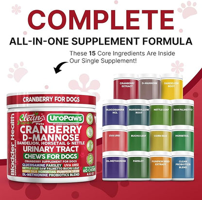 Dog UTI Treatment | Cranberry for Dogs | Urinary Tract Bladder Control | D-Mannose Dandelion Glucosamine HCL Marshmallow Nettle Leaf Saw Palmetto Uva Ursi Horsetail Beef Flavor by Clean Nutra Pets