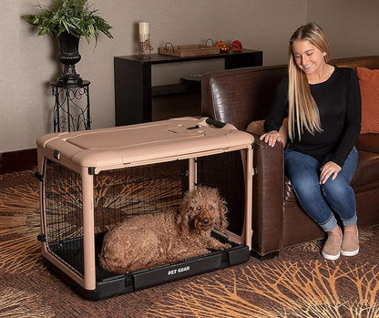 Pet Gear “The Other Door” 4 Door Steel Crate for Dogs/Cats with Garage-Style Door, Includes Plush Bed + Travel Bag, No Tools Required, New Tan, 36 Inch