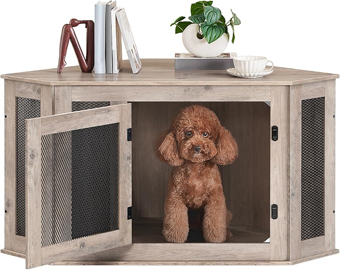MAHANCRIS Corner Dog Crate Furniture, Wooden Dog Kennel End Table, Decorative Pet Crate Indoor Use, Furniture Style Dog House for Small Medium Dog, Dog Cage TV Stand, Greige and Black DCHG0801