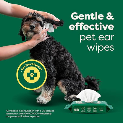 Earth Rated Dog Ear Wipes, Vet-Developed Pet Ear Wipes for Dogs & Cats, Hypoallergenic Cleaner to Remove Dirt and Wax, Wild Oat Scent, 70 Count
