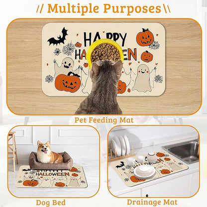Pumpking Bat Dog Cat Food Mat,Halloween Absorbent Waterproof Placemat for Food and Water Non Slip Rubber Backing Durable Feeding Pad for Clean Floors 12" x 20"