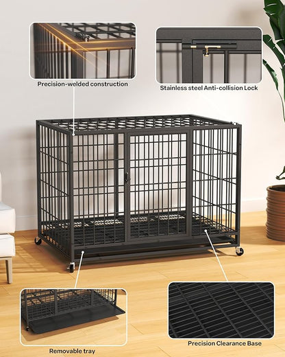 HIWOKK 38 Inch Dog Crates for Meidum Small Dogs,Metal Wire Cages Dog Kennels Pet Cage with Double-Door,Removable Tray,for Small Medium Dogs