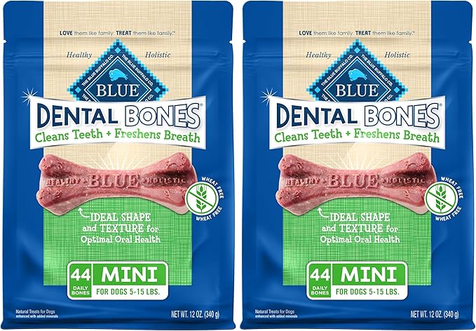 Blue Buffalo Dental Bones Mini Natural Dental Chew Dog Treats Bag,12oz. Bag,(Pack of 2)