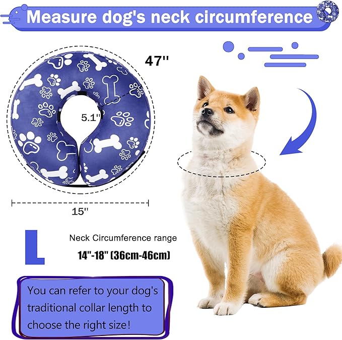 Recovery Donut Collar for Dogs & Cat,Inflatable Dog Cone Collar Alternative After Surgery,Soft Cone for Large Medium Small Dog,Adjustable Pet Neck Donut(Darkblue Bone,Large