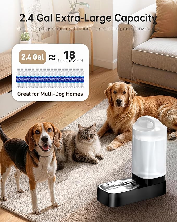 Automatic Dog Water Bowl Dispenser with Filter - 2.4 Gal Large Gravity Auto Pet Water Feeder Waterer with Stainless Steel Bowl & Easy Carry Handle for Large Dog Cat Multi Pet Use