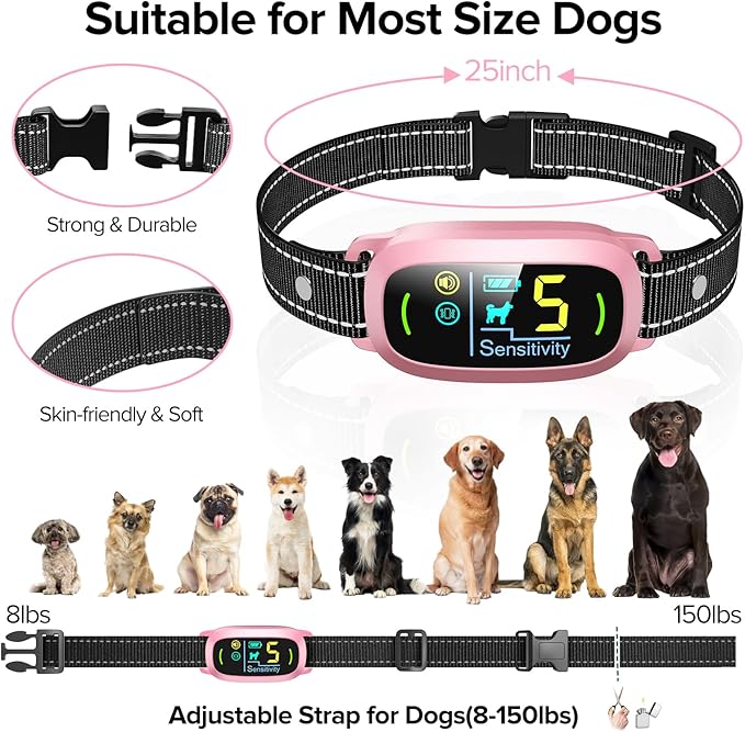 FAFAFROG Dog Bark Collar for Large Medium Small Dogs, Rechargeable Smart Bark Collar, Anti Barking Training Collar with 5 Adjustable Sensitivity Beep Vibration (Pink)