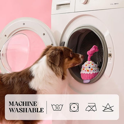 LE SURE Dog Birthday Cake Toy - Cute Squeaky Dog Toy for Gentle Chewers with Interactive Tug Rope, Plush Interactive Toy for Adult Dogs Birthday Party, Standard, Pink