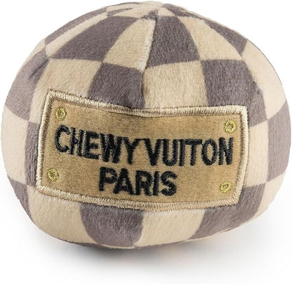 Haute Diggity Dog Chewy Vuiton Ball Plush Squeaky Dog Toy, Soft Durable Designer-Inspired Stuffed Puppy Chew Toys for Small & Medium Dogs, Machine-Washable (Tan Checker) Small