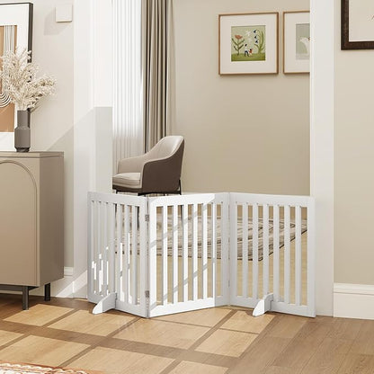 PUPETPO 24”H Freestanding Wooden Pet Gate, Dog Gate for Stairs, Doorways, and Hallways, Step Over Foldable Pet Fence for Indoor Use, Support Feet Included, 60 inch Wide 3 Panels, White
