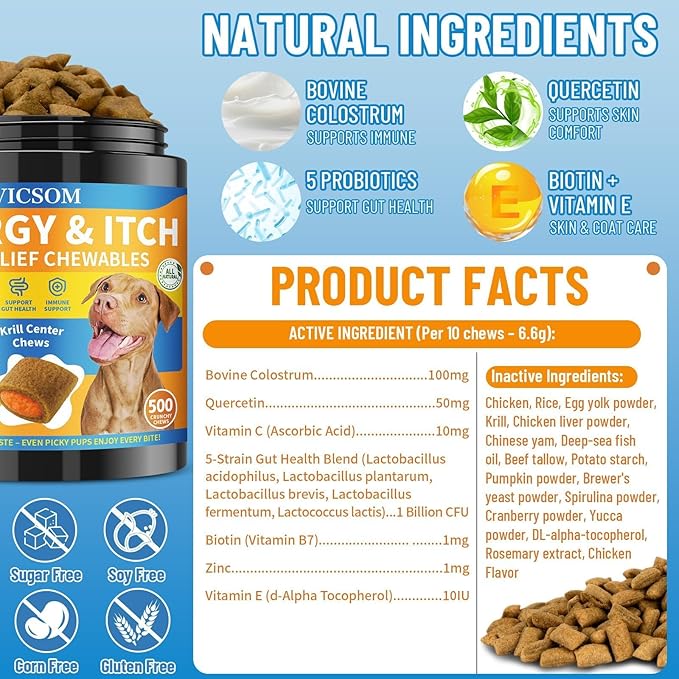 Dog Allergy Relief Chews, Dog Itching Skin Relief, 500 Crunchy Krill Center Seasonal Allergy Anti-Itch Chews, Itchy Ear & Paw Licking, Colostrum, Quercetin & Probiotics for Gut, Immune, Skin & Coat