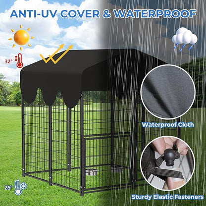 4x4x4.5ft Outdoor Dog Kennel, Metal Heavy Duty Dog Run with Rotating Door & 2 Adjustable Bowls, Dog Kennel Outside with Waterproof Cover, Pet Enclosure Indoor for Small/Medium/Large Dogs
