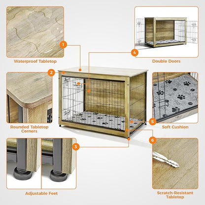 SHAWKEN Wooden & Metal Large Dog Crate Furniture Indoor with Soft Cushion, Double-Door Dog House, 37.4" L Dog Kennel (Oak Grey, Large)