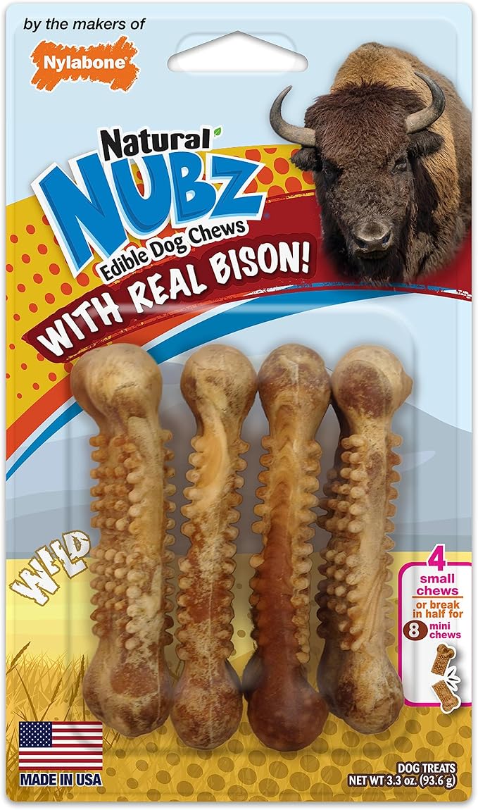 Nylabone Nubz Wild Natural Dog Chew Treats for Small Dogs, Long Lasting Dog Chew Bones Made in USA, Bison Flavor, for Dogs Up to 25 lbs. (4 Count)
