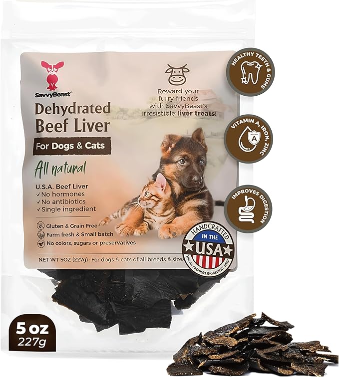 SavvyBeast Dehydrated Beef Liver Dog Treats – Gently Air Dried Raw Organ Meat – Healthy, All-Natural, Single Ingredient, Grain-Free Dry Jerky – Training Treats for Dogs & Cats – Made in USA – 5 oz